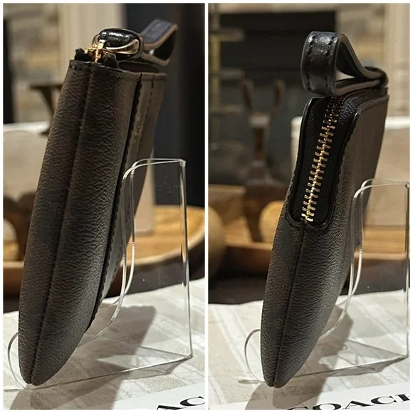 COACH Signature PVC Leather Corner Zip Wristlet w/Stripe in Walnut Brown & Black - Picture 7 of 15